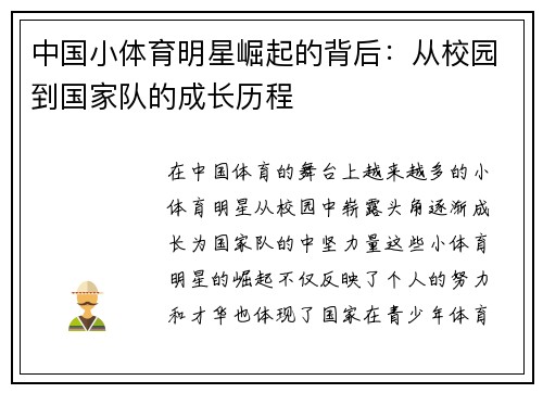 中国小体育明星崛起的背后：从校园到国家队的成长历程