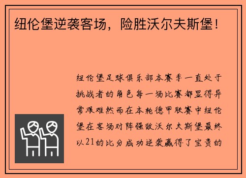 纽伦堡逆袭客场，险胜沃尔夫斯堡！