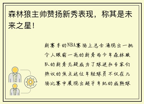 森林狼主帅赞扬新秀表现，称其是未来之星！